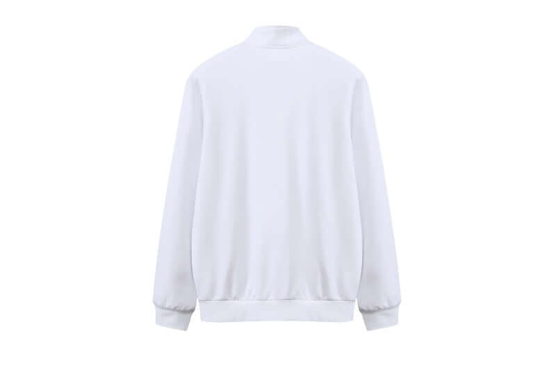 Back shot of white athletic zip-up sweatshirt