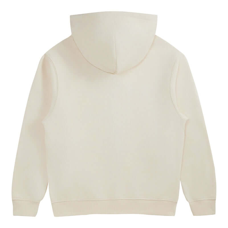 Back view of a Blank Zip Hoodie in cream color showcasing the hood and cuff details.