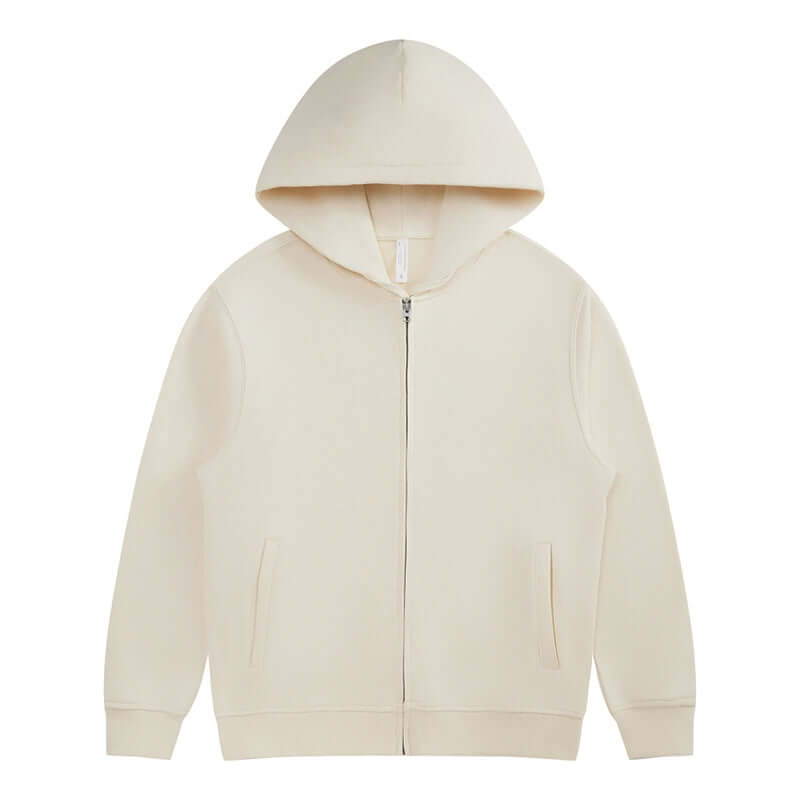 Blank Zip Hoodie in cream color, unisex full zip jacket featuring side pockets and a hood.