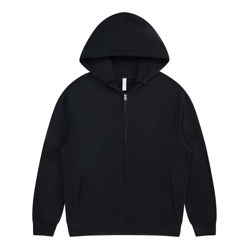 Blank Zip Hoodie in black, 100% cotton full zip unisex jacket with hood and side seam pockets.
