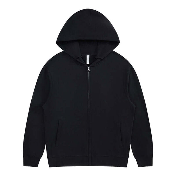Blank Zip Hoodie in black, 100% cotton full zip unisex jacket with hood and side seam pockets.