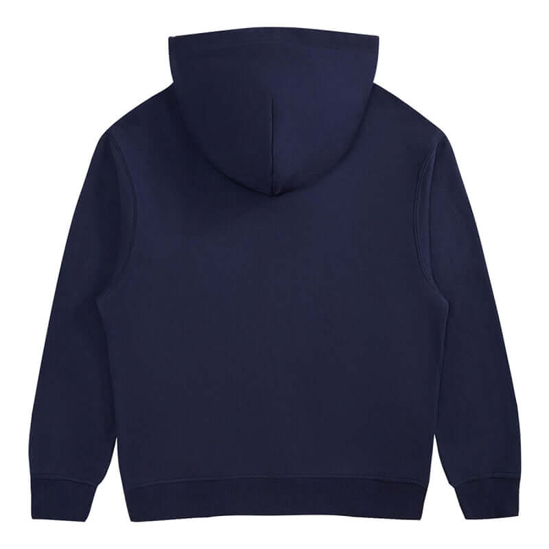 Back view of Blank Zip Hoodie in navy, featuring a soft fabric and classic hood design.