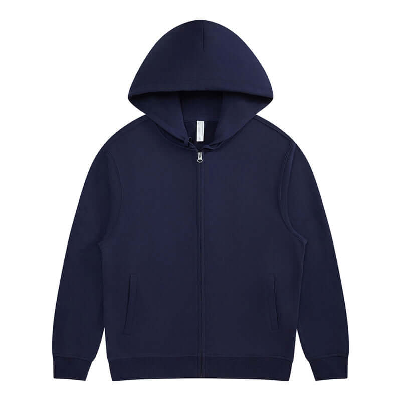 Blank Zip Hoodie in navy color, 330g 100% cotton full zip unisex jacket with practical side pockets.
