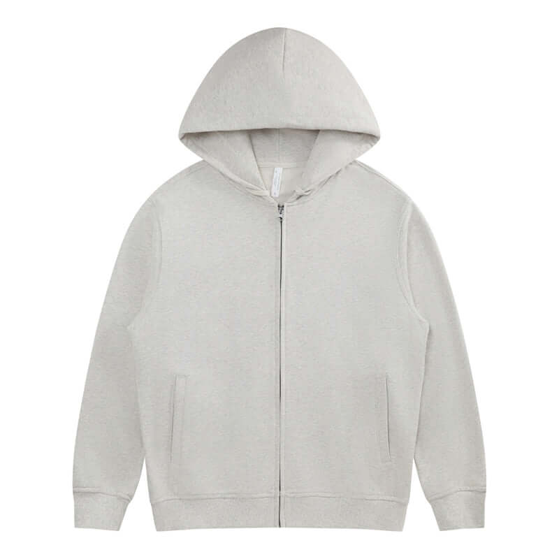 Blank Zip Hoodie | 330g 100% Cotton Full Zip | Unisex Jacket in light gray color, featuring a hood and full zipper.