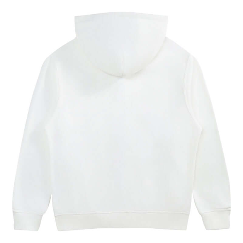 Back view of a Blank Zip Hoodie in white color, showcasing the hood and minimalist design.