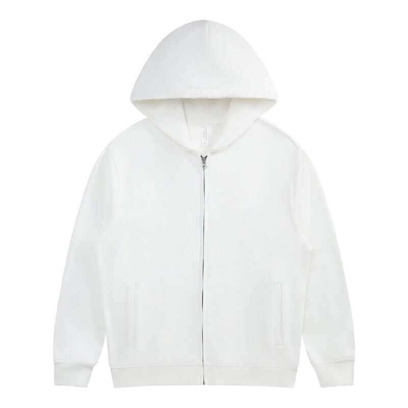 Blank Zip Hoodie in white, 330g 100% cotton full zip unisex jacket with hood and side seam pockets.