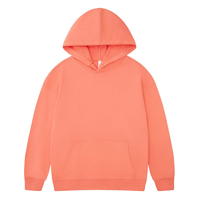 Blank Oversized Hoodie in coral color, featuring a spacious hood and front pocket, made from 330g 100% cotton.