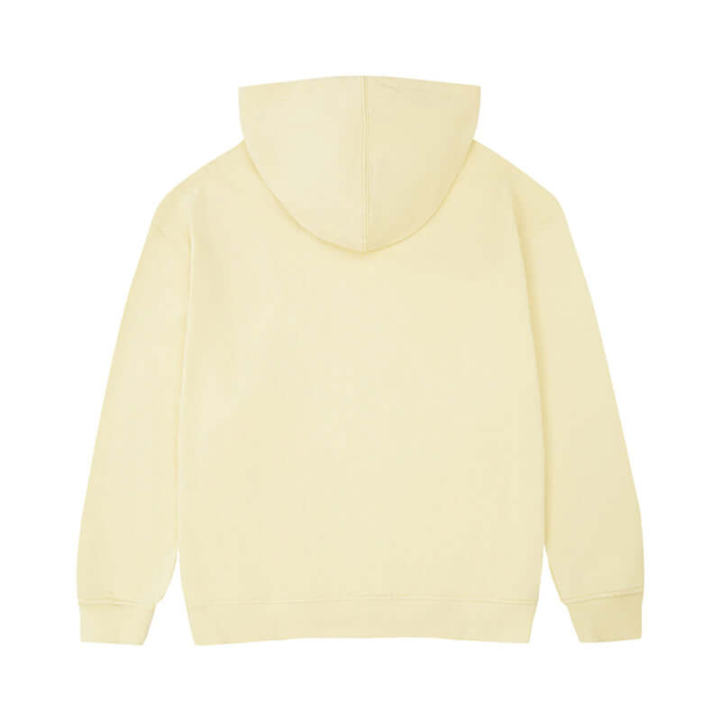 Back view of Blank Oversized Hoodie in soft yellow color, showcasing the relaxed unisex fit and hood design.