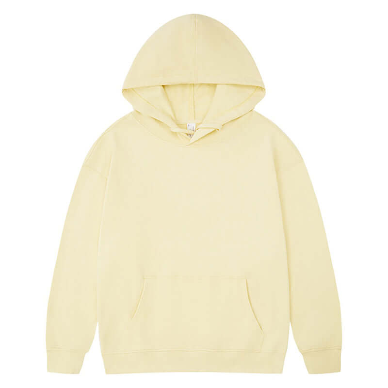 Blank Oversized Hoodie in soft yellow color, made from 330g 100% cotton, unisex pullover design.