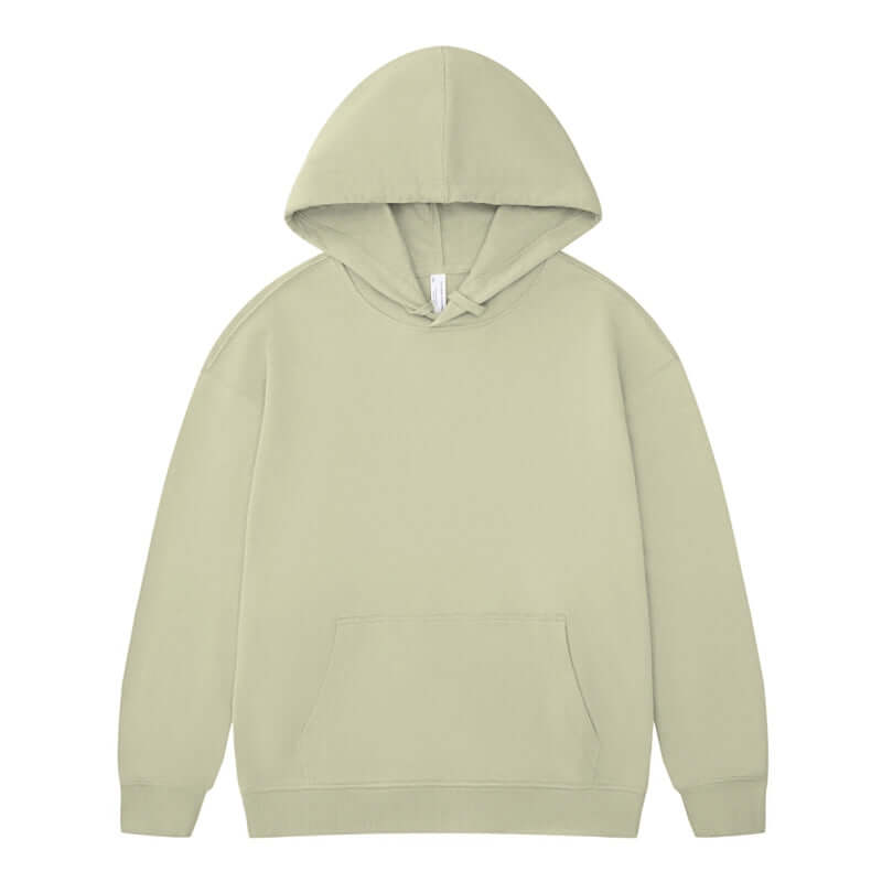 Blank Oversized Hoodie in a soft green color, features a hood and kangaroo pocket, perfect unisex pullover for casual wear.