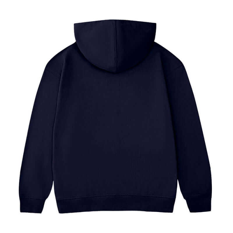 Back view of Blank Oversized Hoodie in navy color, showcasing the hood and relaxed fit design.