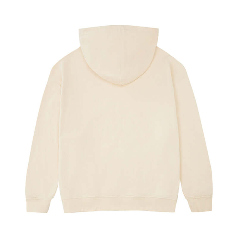Back view of Blank Oversized Hoodie showcasing its soft fabric and unisex fit in a light beige color.
