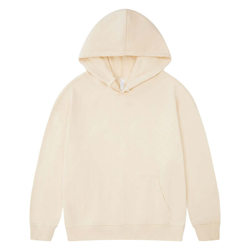 Blank Oversized Hoodie in cream color, made of 330g 100% cotton, featuring a relaxed fit and classic design.