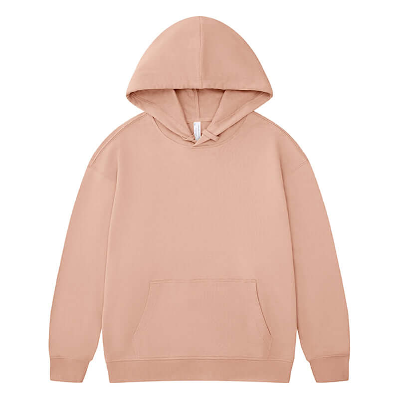Blank Oversized Hoodie in soft pink color, 100% cotton, unisex pullover with a relaxed fit.
