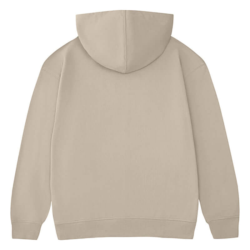 Back view of Blank Oversized Hoodie in beige color, showcasing the relaxed unisex fit and drawstring.