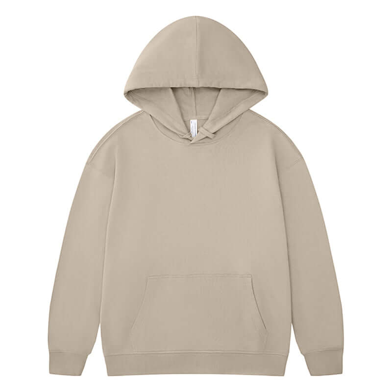 Blank Oversized Hoodie in beige color with a hood and front pocket, featuring a relaxed unisex fit.