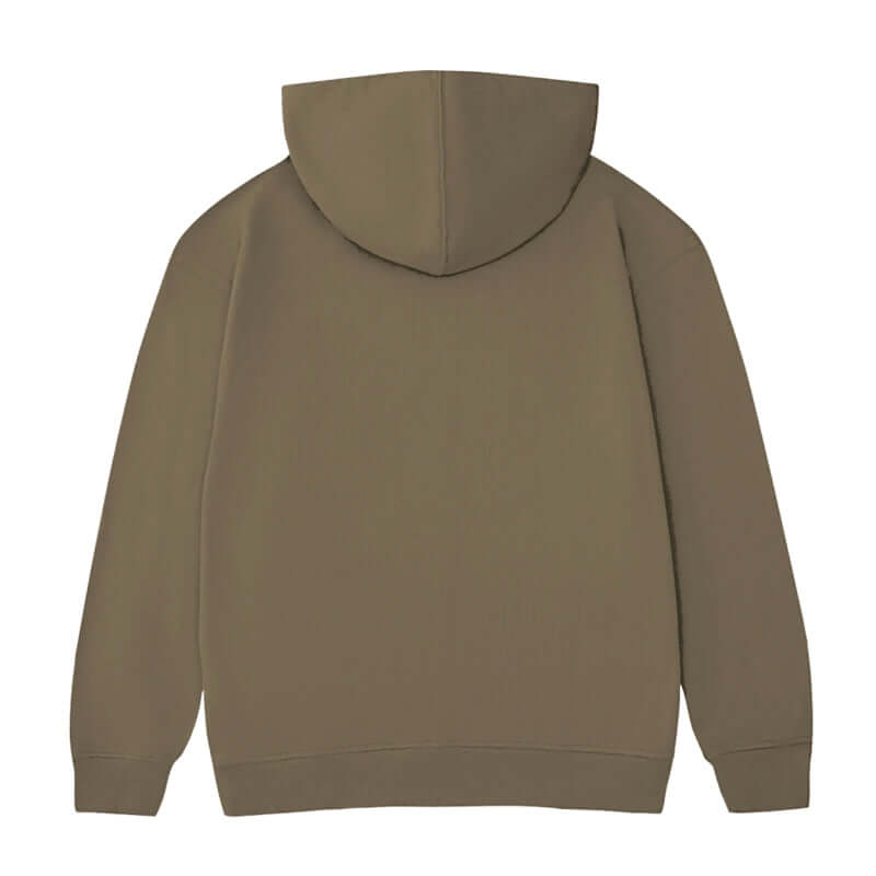 Back view of a Blank Oversized Hoodie in khaki, showcasing the hood and relaxed fit.