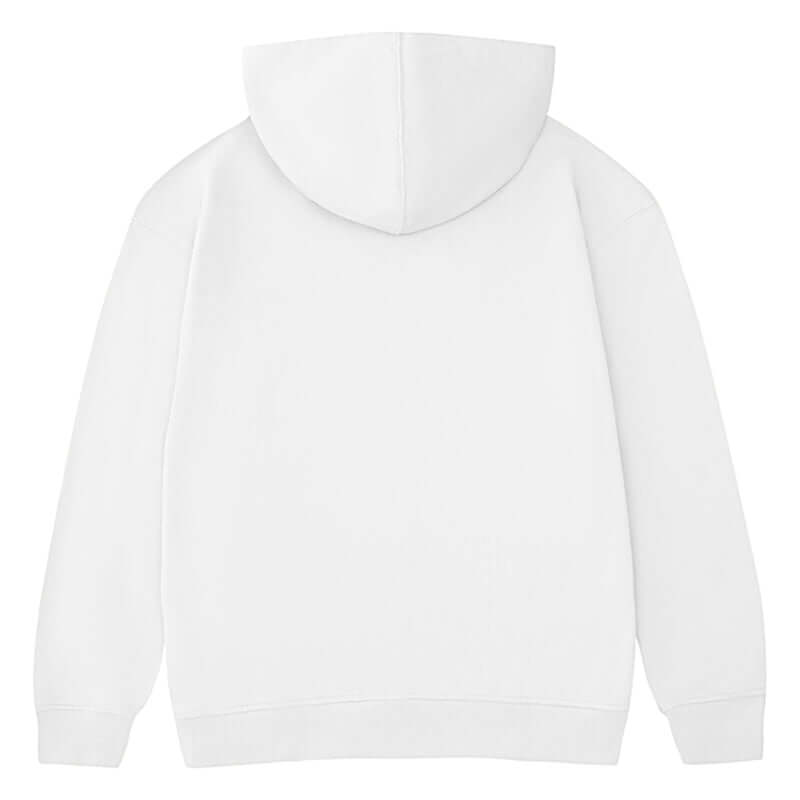 Back view of a Blank Oversized Hoodie in white color showcasing the hood and relaxed fit.