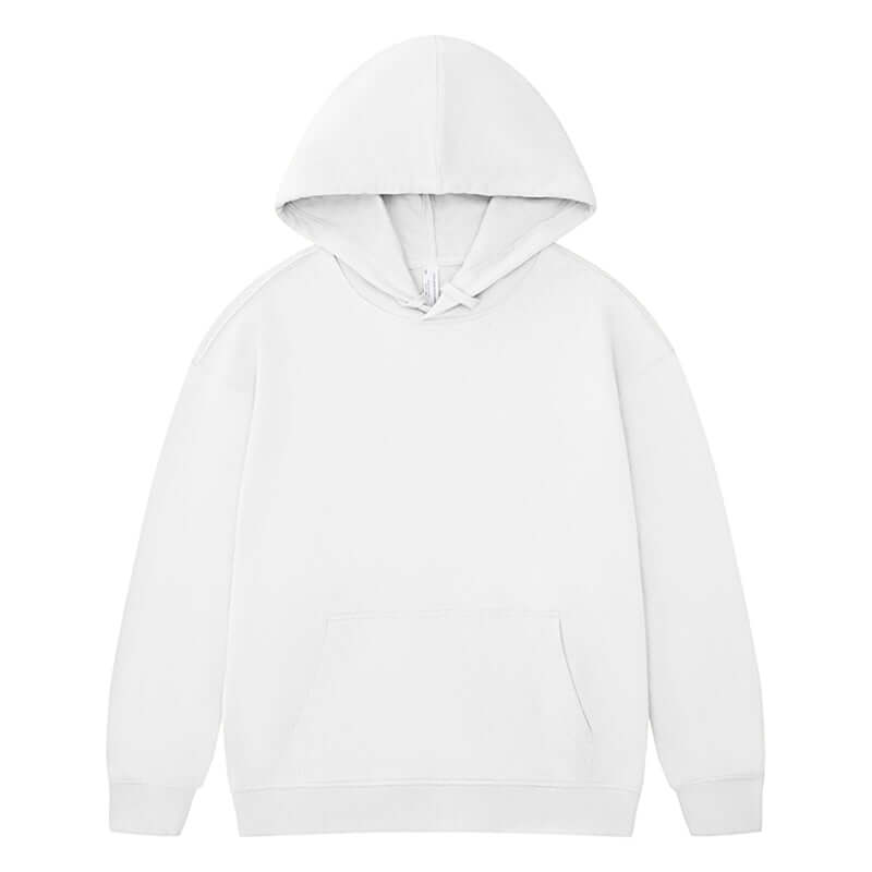 Blank Oversized Hoodie in white color with a hood, unisex design and front pocket, made from 330g 100% cotton.