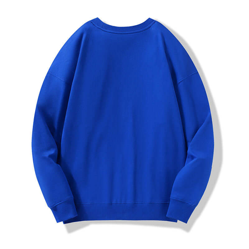Back view of Klein blue cotton crewneck pullover