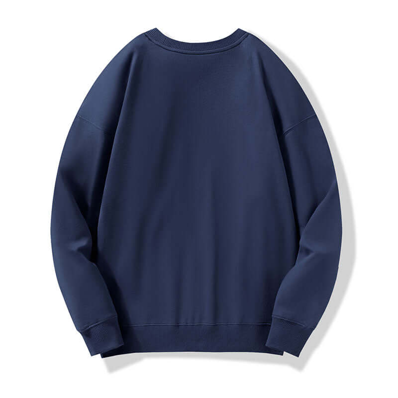 Rear angle of navy blue heavyweight sweatshirt