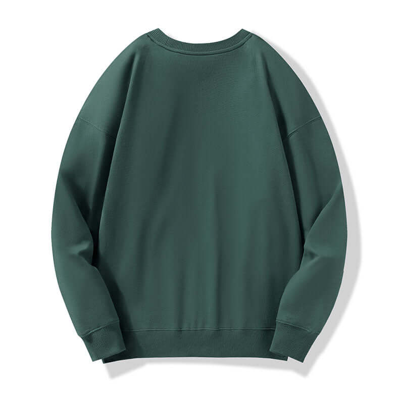 Back angle of olive green cotton crewneck pullover