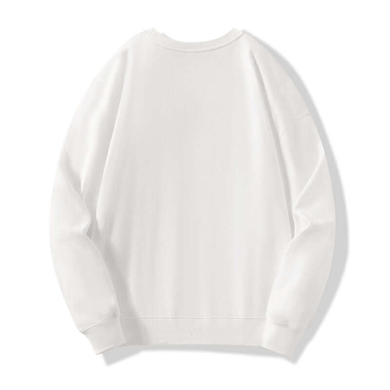 Back view of white cotton crewneck pullover