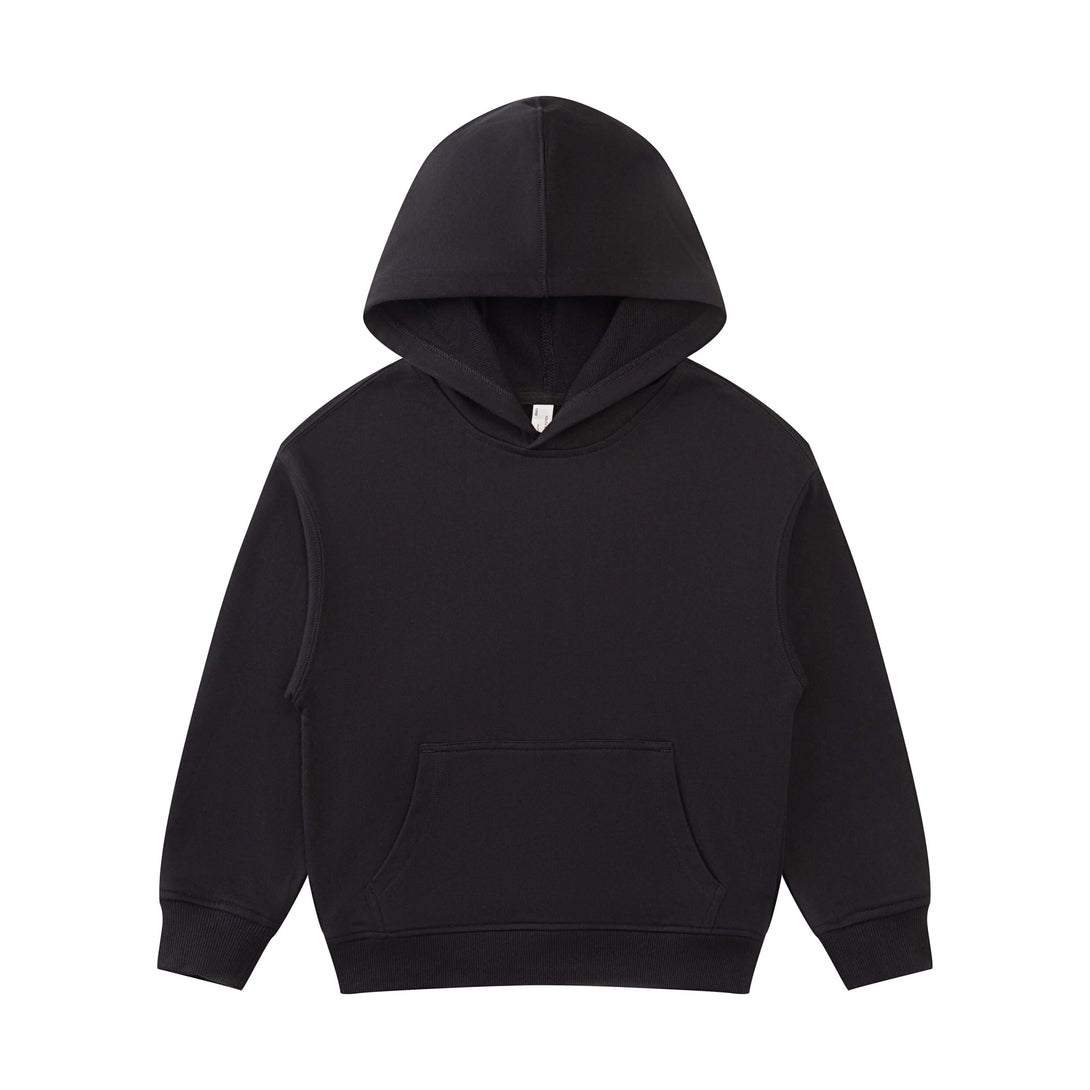 Black no-drawstring hoodie for kids front perspective