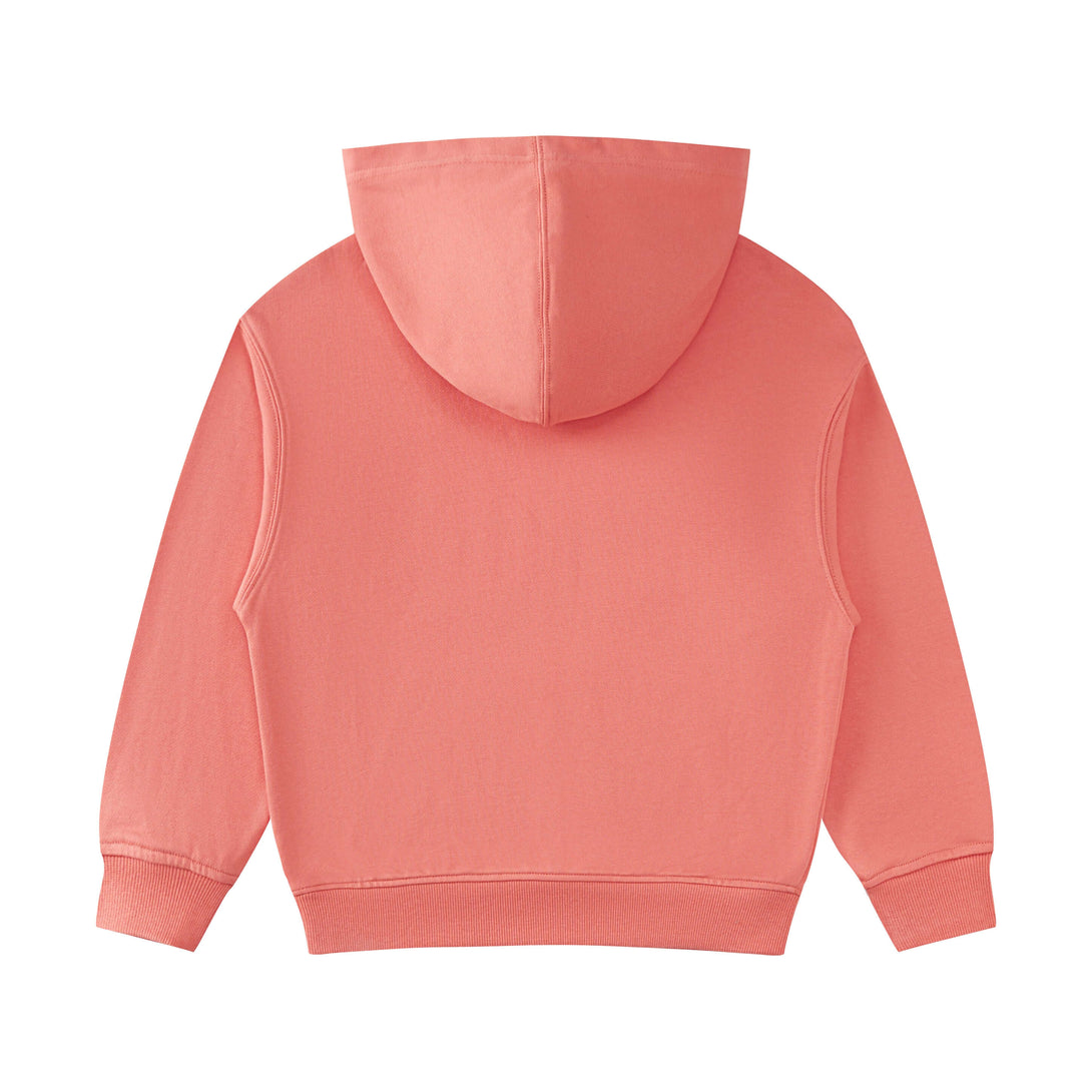 Rear angle of coral red cotton pullover
