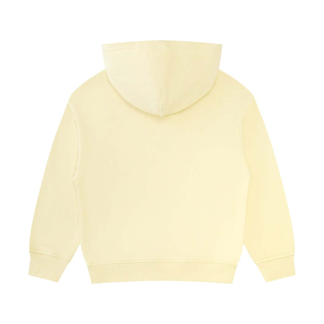 Rear angle of bright lemon yellow hoodie