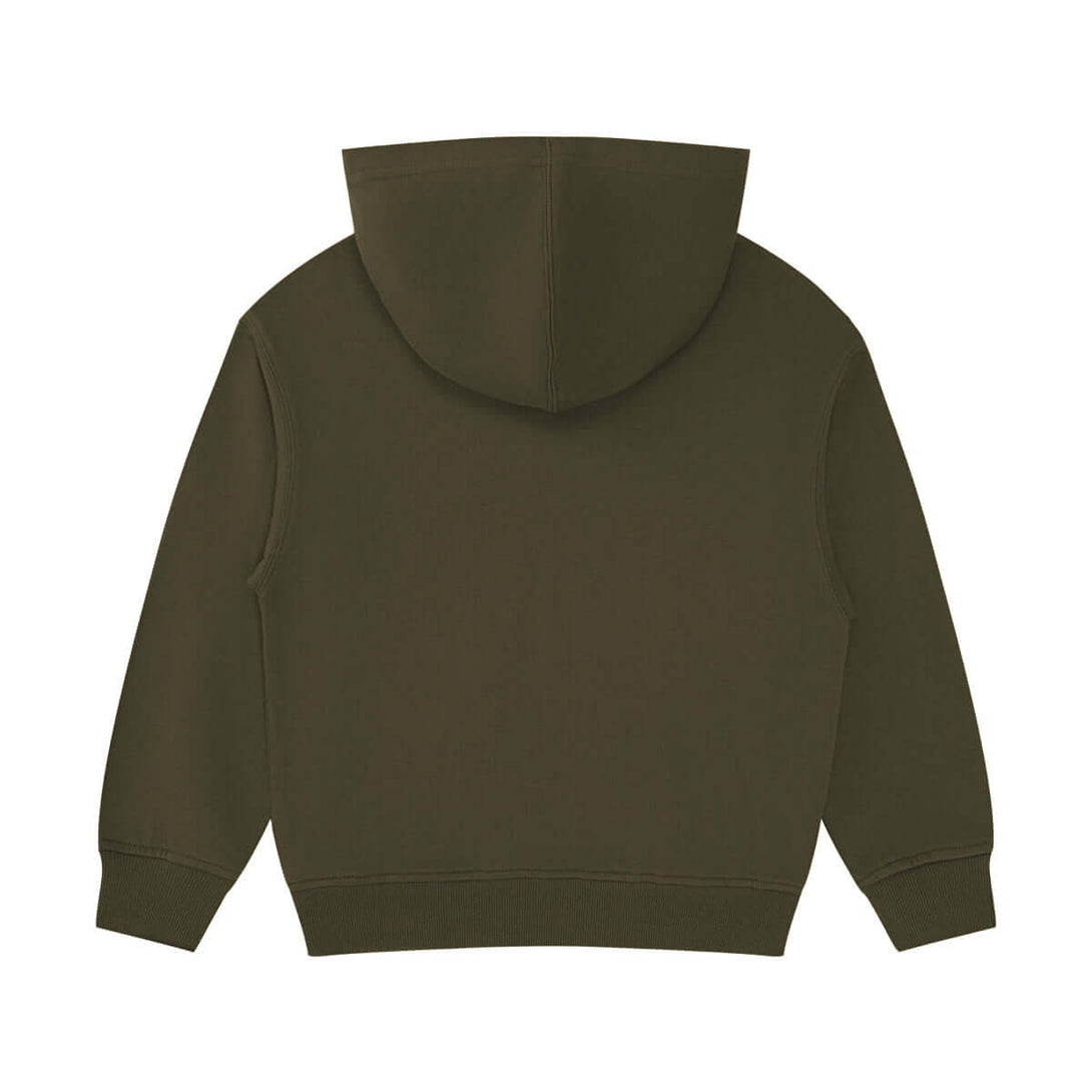 Back view of 330g cotton children's hoodie in taupe