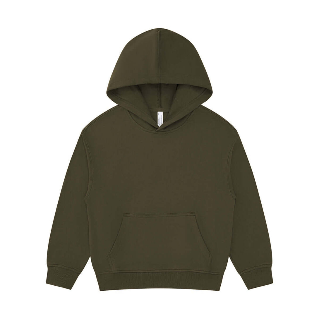 Front view of taupe kids hoodie without drawstrings