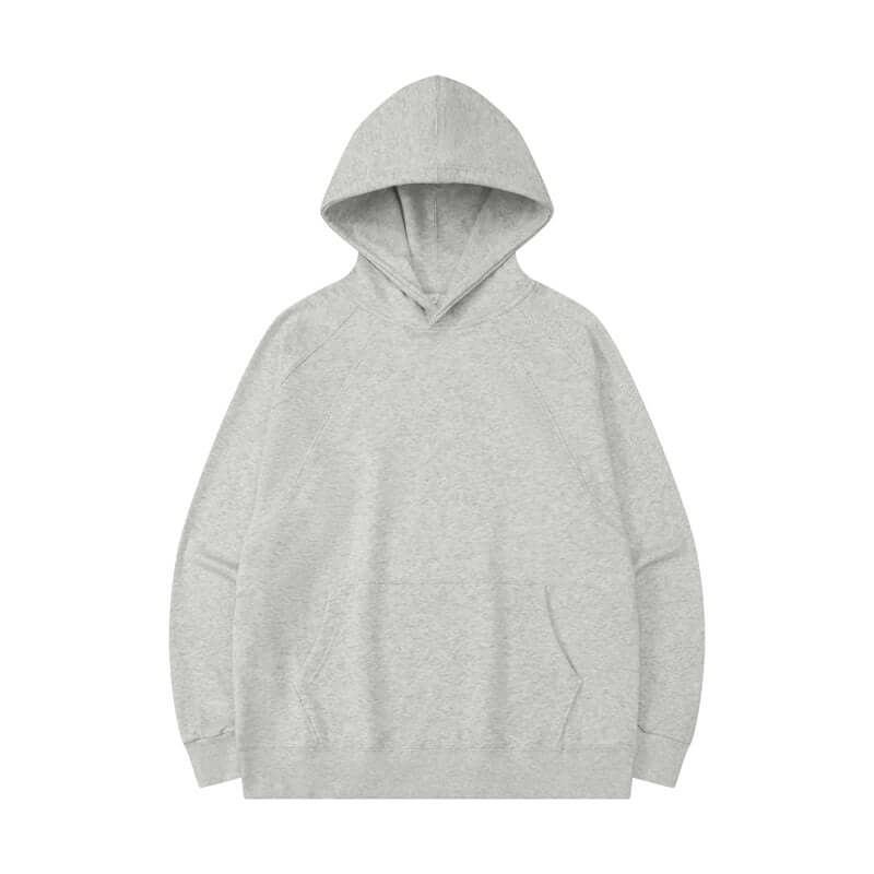 Heather grey hoodie front showing relaxed fit