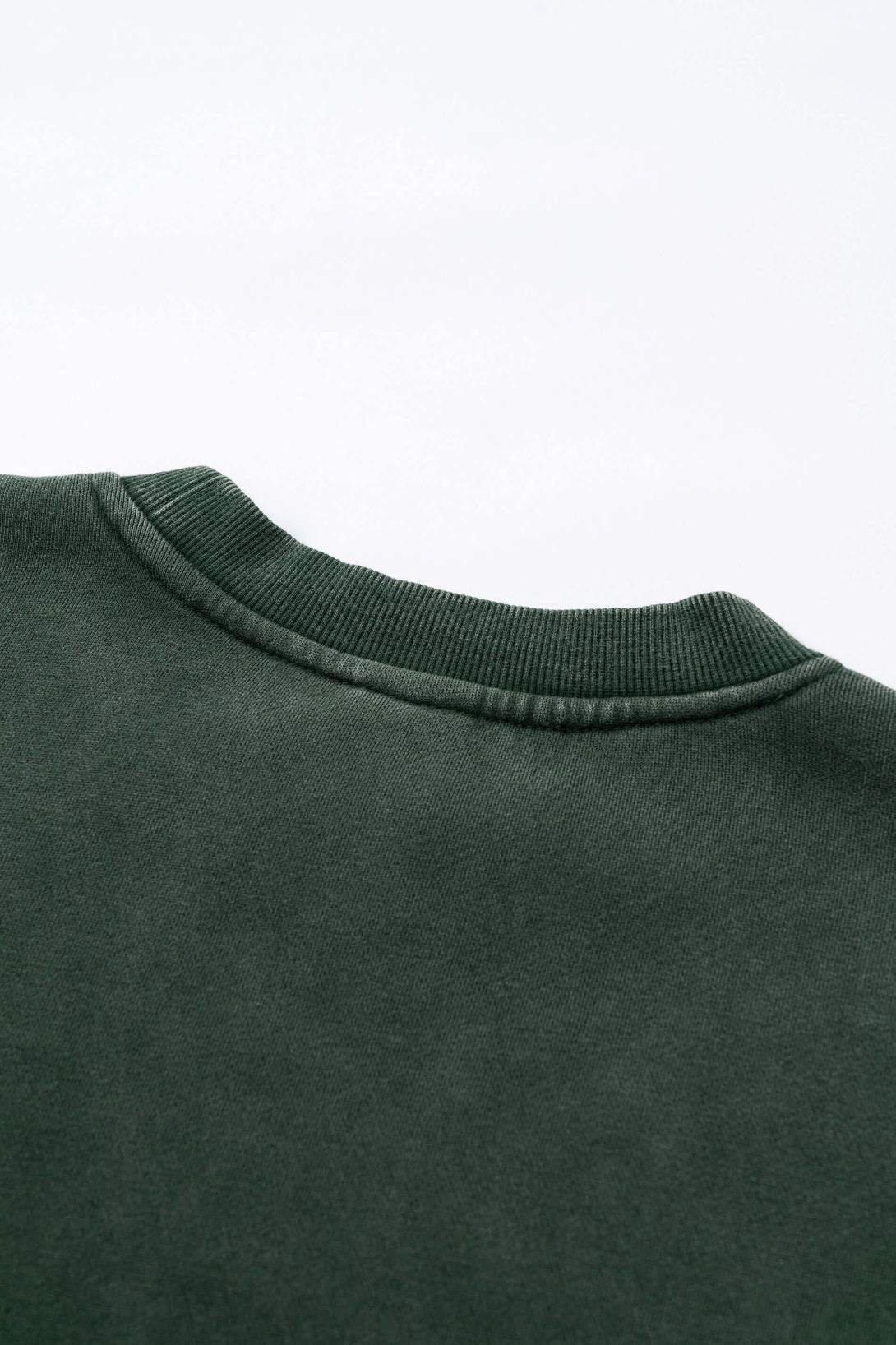 Back view of Distressed Panel Crewneck showcasing the ribbed collar and soft fleece material.
