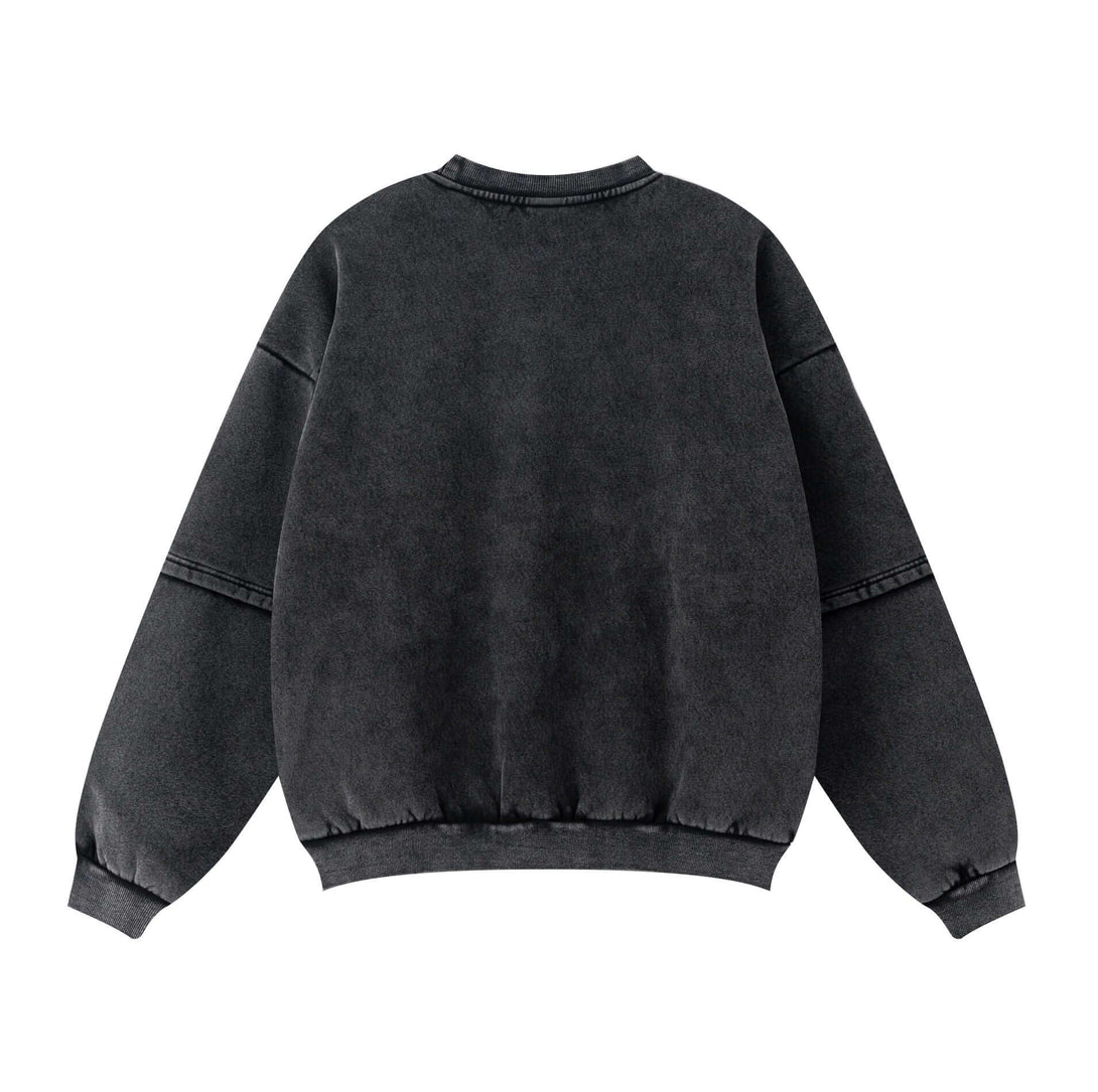 Distressed Panel Crewneck back view showing vintage style and fleece lining of men's sweatshirt.