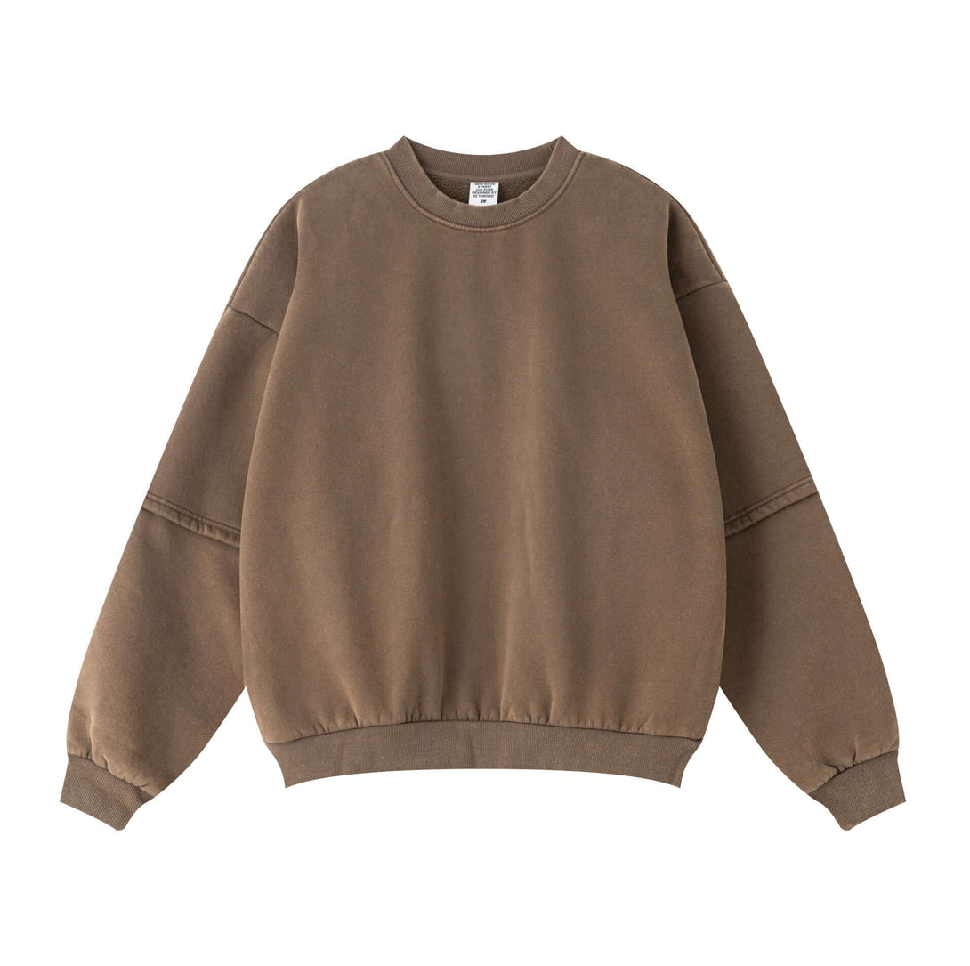 Distressed Panel Crewneck | Men's Fleece Lined Sweatshirt 360g in brown with unique sleeve panel design.
