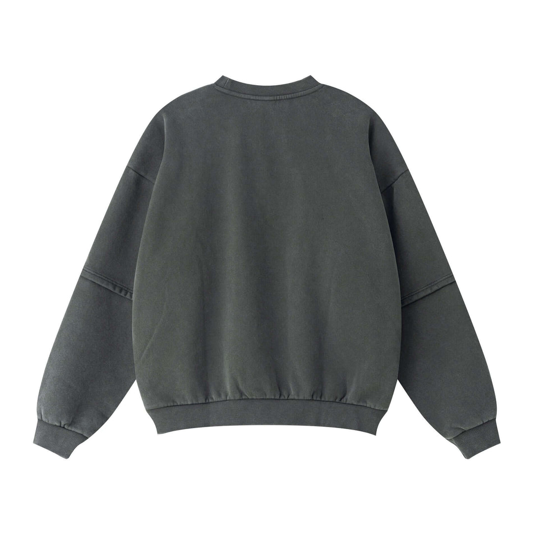 Back view of Distressed Panel Crewneck | Men's Fleece Lined Sweatshirt 360g with unique sleeve panel design.