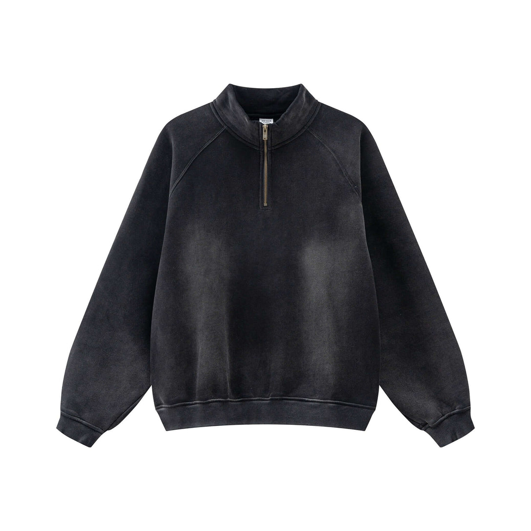 Spray Effect Quarter Zip in black with a stand-up collar and 1/4 zip, crafted from 360g fleece for urban streetwear.