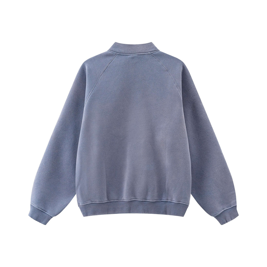 Spray Effect Quarter Zip pullover showcasing the back design in soft blue, perfect for urban streetwear fashion.