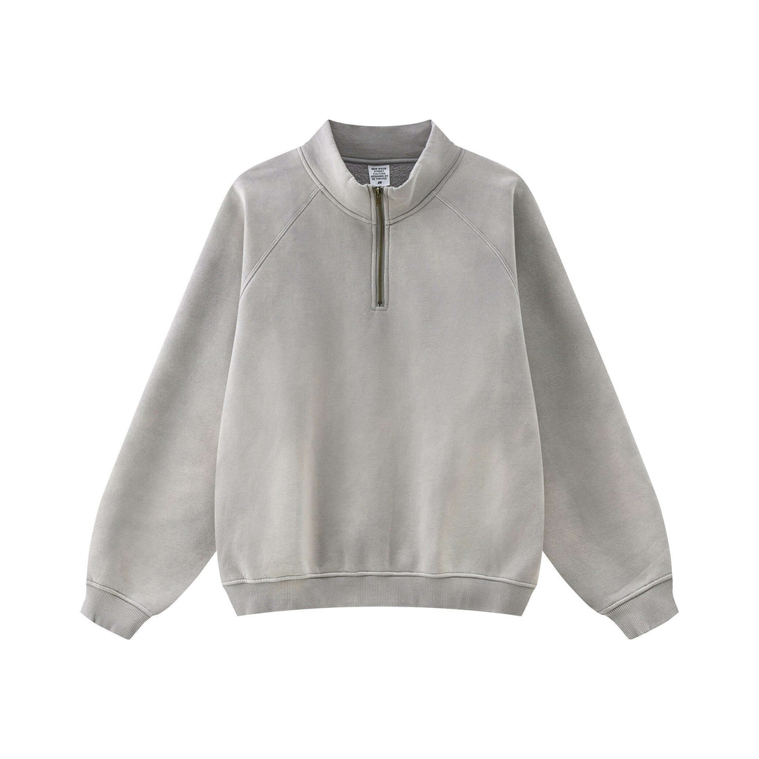 Spray Effect Quarter Zip in light gray, featuring a quarter zip design and relaxed fit, perfect for urban streetwear.