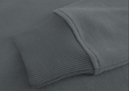 Detail shot of the durable 1x1 ribbed cuff on the heavyweight hoodie.