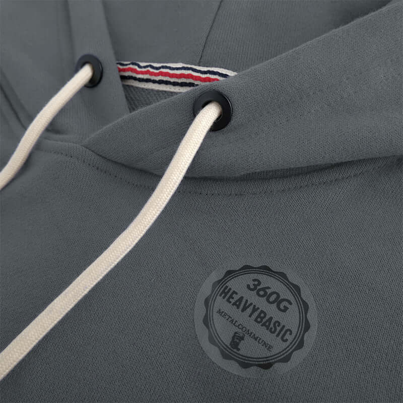 Close-up detail of the hood and reinforced back neck tape on the heavyweight hoodie.