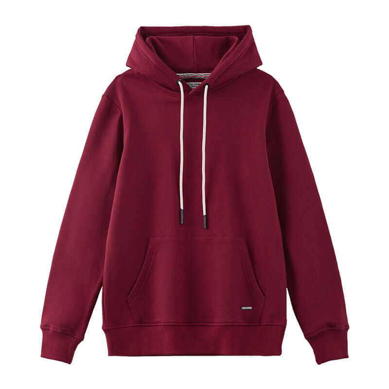 Maroon colored unisex cotton hoodie with front pocket.