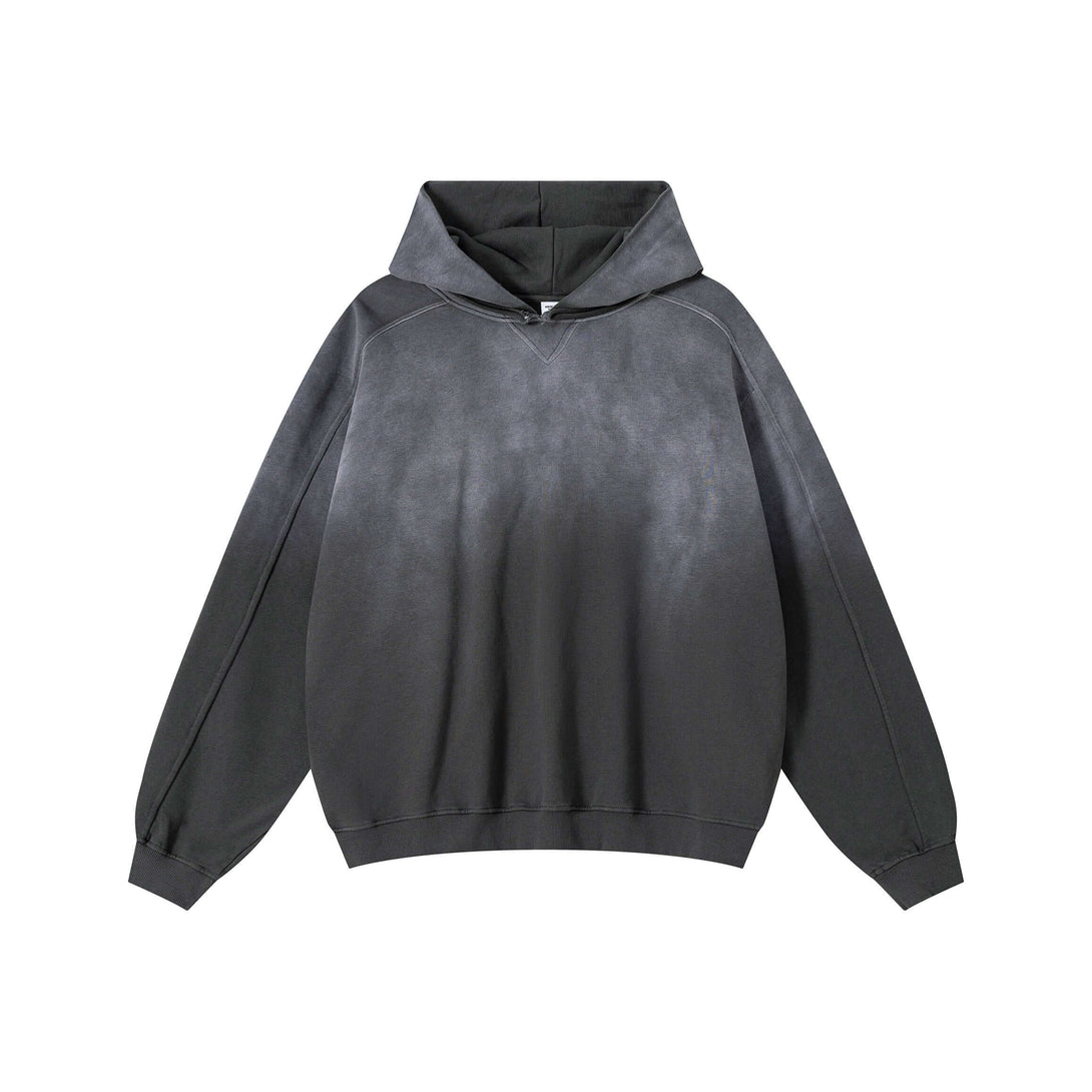 Vintage Spray Paint Hoodie | 370g Oversized Drop Shoulder Pullover in dark gray with unique spray paint pattern.