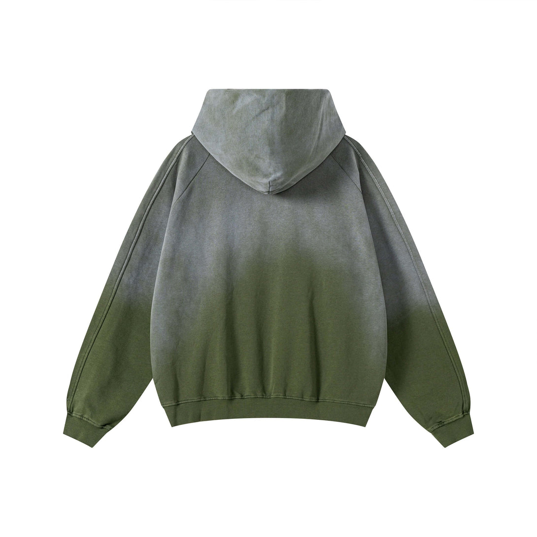 Vintage Spray Paint Hoodie showcasing a back view with unique spray paint gradient in green and gray.