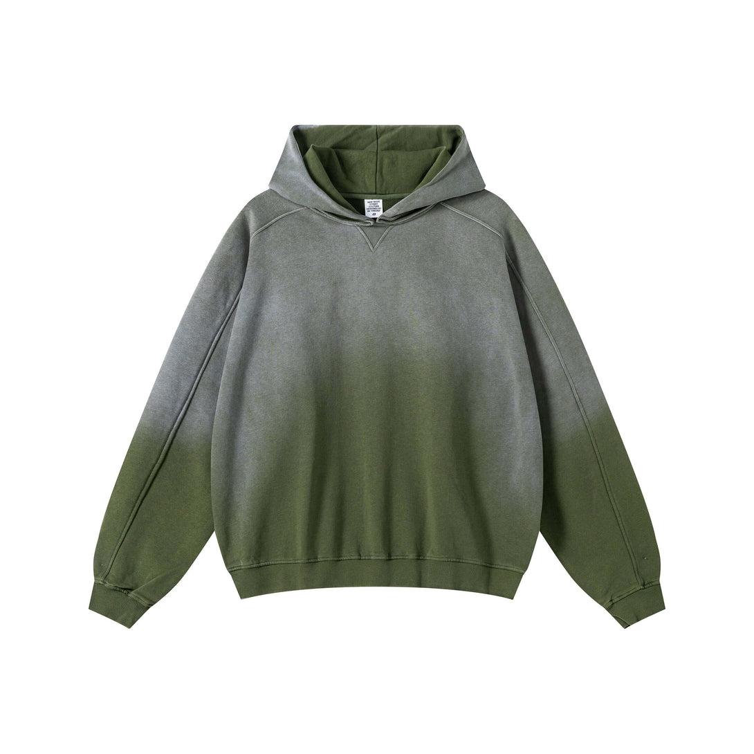 Vintage Spray Paint Hoodie in green gradient color, oversized drop shoulder design, and heavyweight 370g cotton.