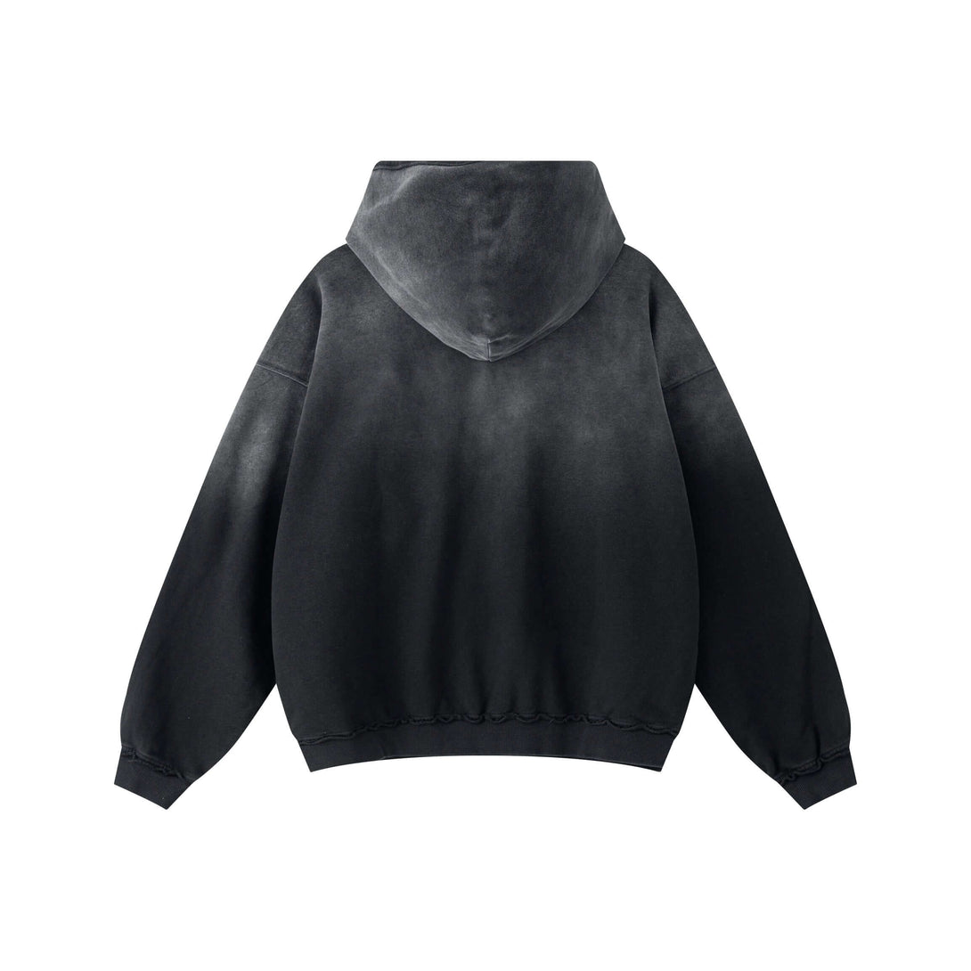 Back view of a Vintage Batik Hoodie with a distressed washed look and oversized fit.