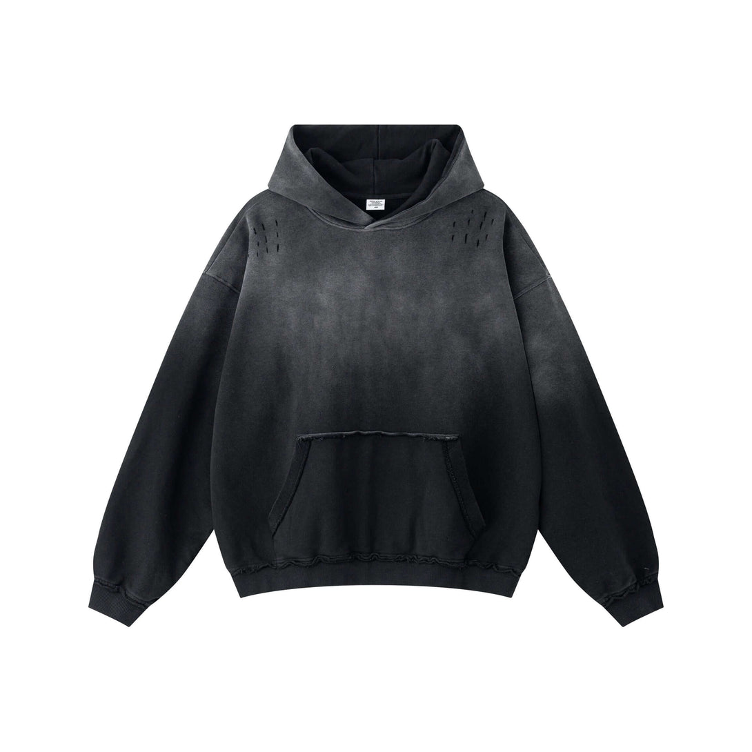 Vintage Batik Hoodie showing distressed details and raw edge design in a faded black color.