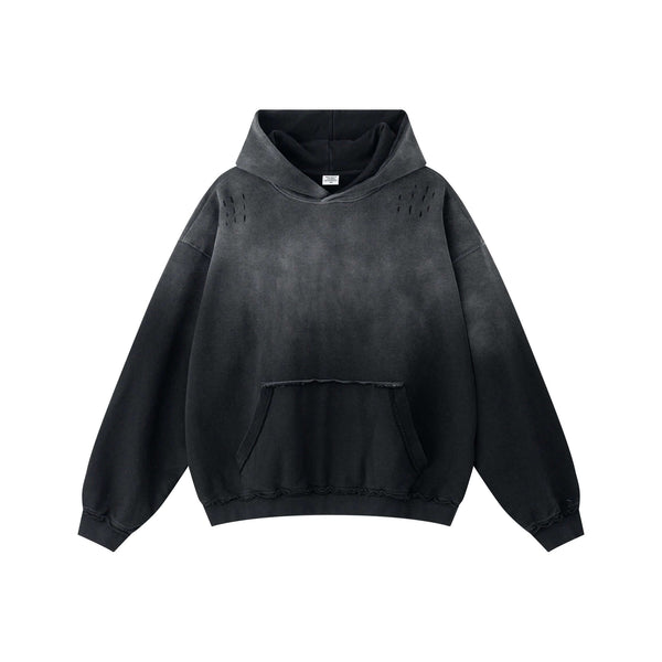Vintage Batik Hoodie showing distressed details and raw edge design in a faded black color.