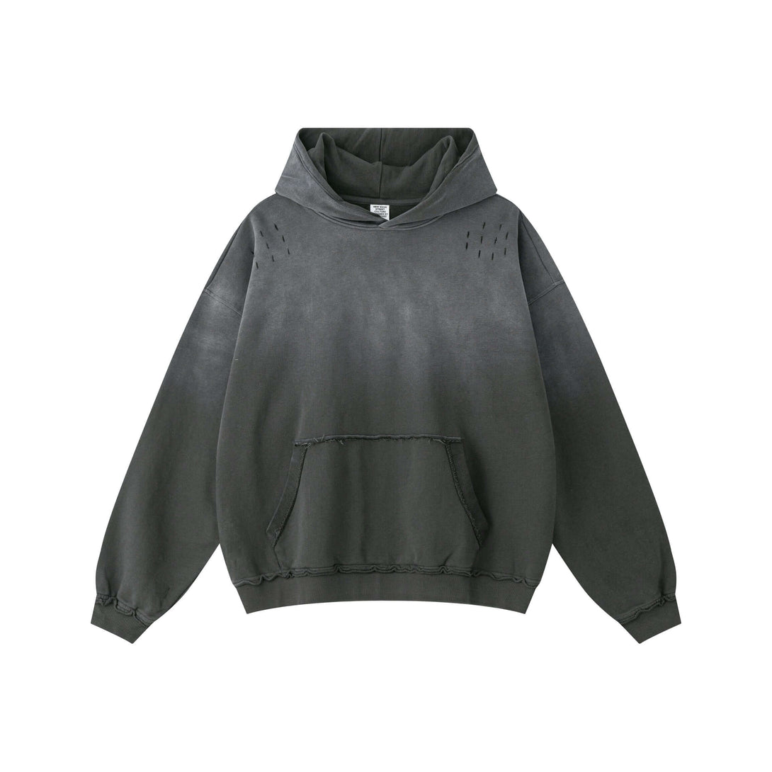 Vintage Batik Hoodie featuring distressed detailing and raw edge, highlighting unique urban aesthetic.